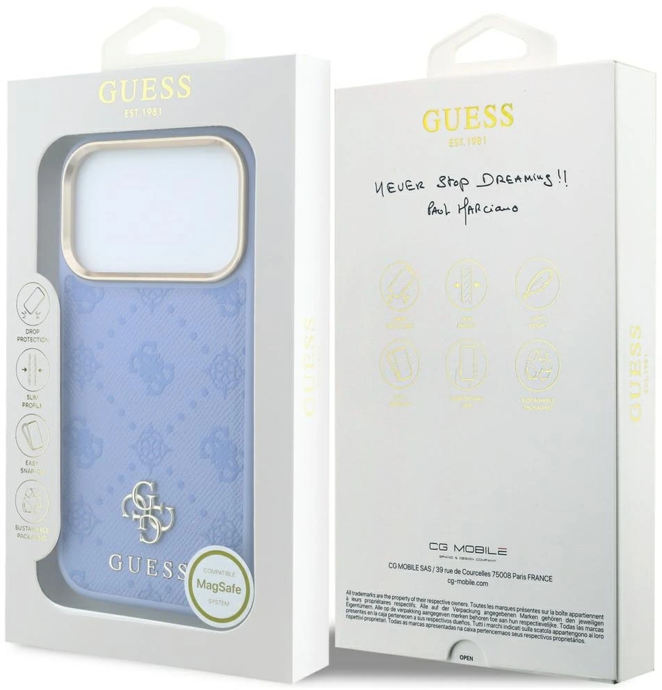 Guess Peony 4G Small Logo MagSafe dėklas, skirtas iPhone 18 Pro Max / 17 Pro Max, šviesiai mėlynas
