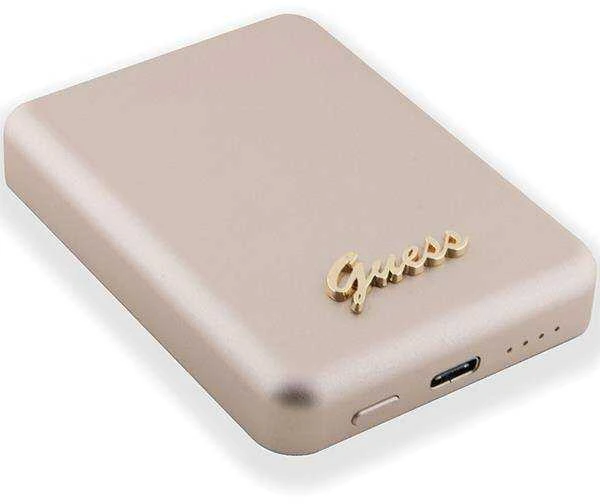 „Guess“ indukcinė išorinė baterija 15 W GUPBM5ALGSGD 5000 mAh, aukso spalvos „MagSafe Metal Script Logo“