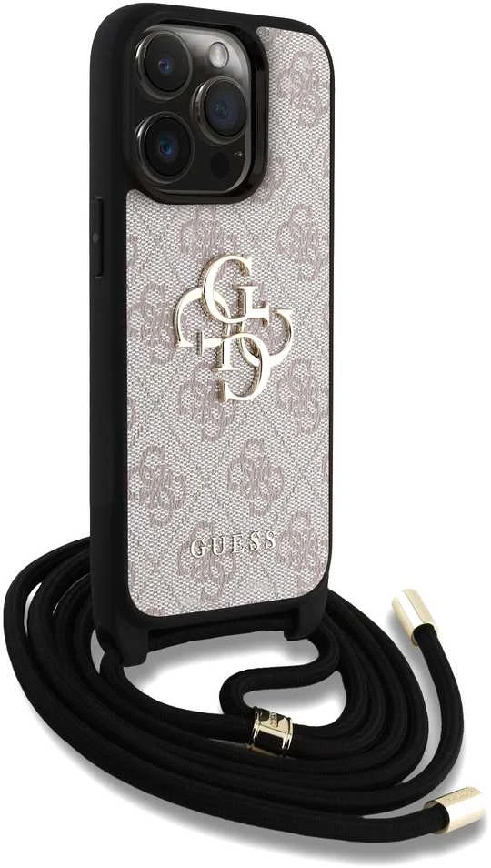 Guess PU 4G Metal Logo Crossbody Strap dėklas skirtas Apple iPhone 15 Pro rožinės spalvos