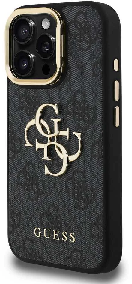 Guess PU 4G Metal Logo Stand Camera Frame dėklas skirtas Apple iPhone 15 Pro juodos spalvos