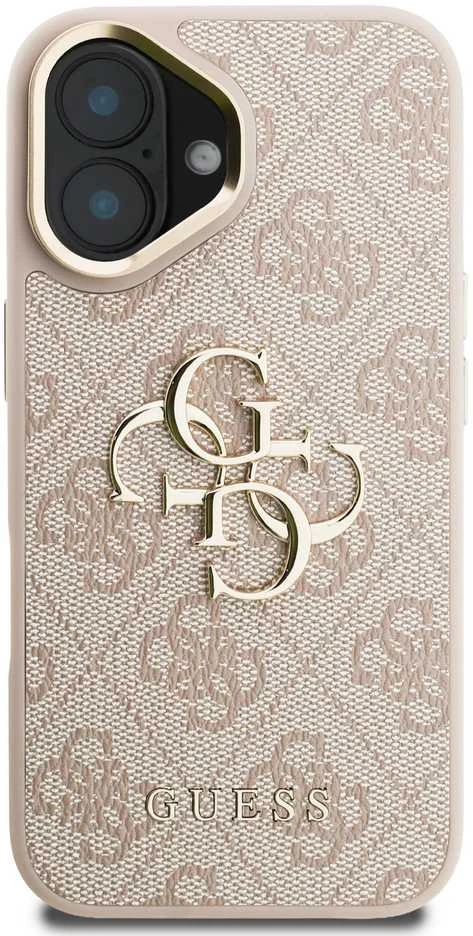 Guess PU 4G Metal Logo Stand Camera Frame dėklas skirtas Apple iPhone 16 rožinės spalvos