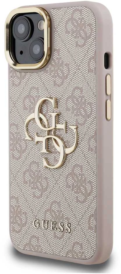 Guess PU 4G Metal Logo Stand Camera Frame dėklas skirtas Apple iPhone 15 rožinės spalvos
