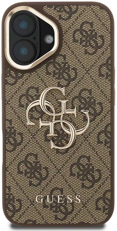 Guess PU 4G Metal Logo Stand Camera Frame dėklas skirtas Apple iPhone 16 rudos spalvos