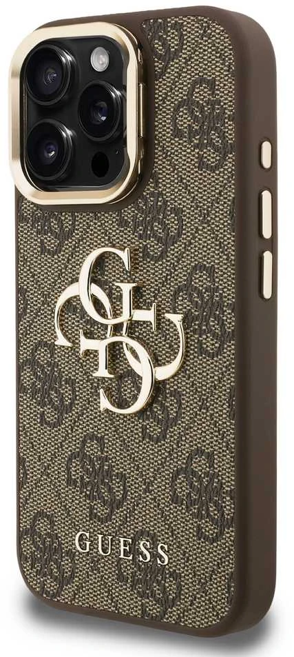 Guess PU 4G Metal Logo Stand Camera Frame dėklas skirtas Apple iPhone 15 Pro Max rudos spalvos