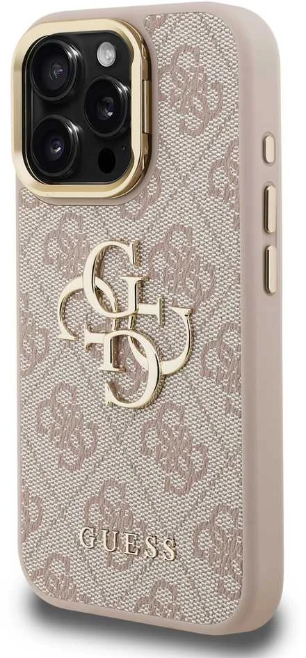 Guess PU 4G Metal Logo Stand Camera Frame dėklas skirtas Apple iPhone 15 Pro rožinės spalvos