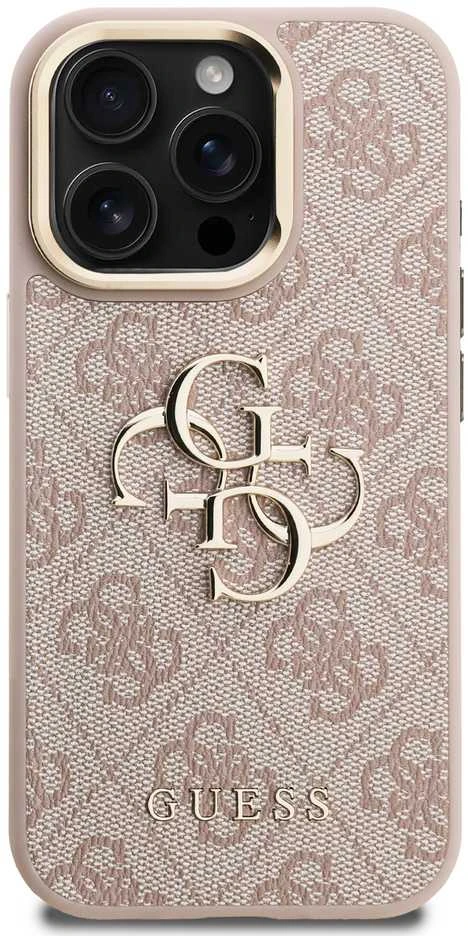 Guess PU 4G Metal Logo Stand Camera Frame dėklas skirtas Apple iPhone 15 Pro rožinės spalvos