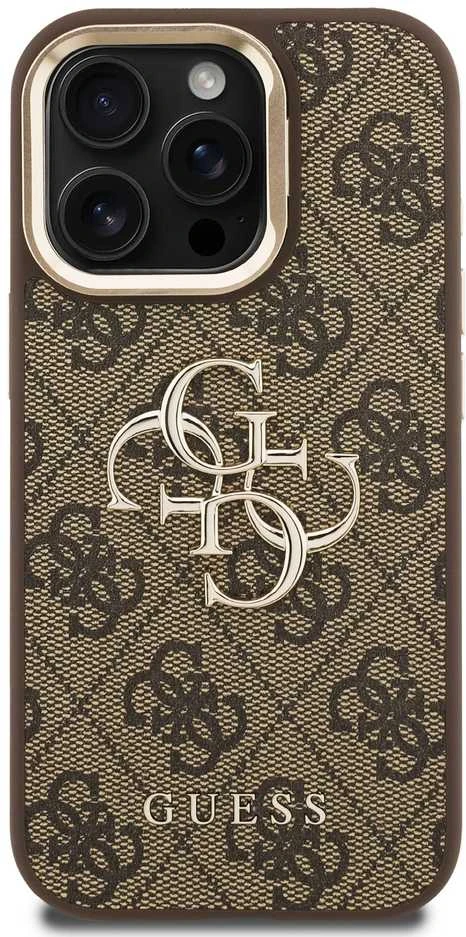 Guess PU 4G Metal Logo Stand Camera Frame dėklas skirtas Apple iPhone 15 Pro Max rudos spalvos