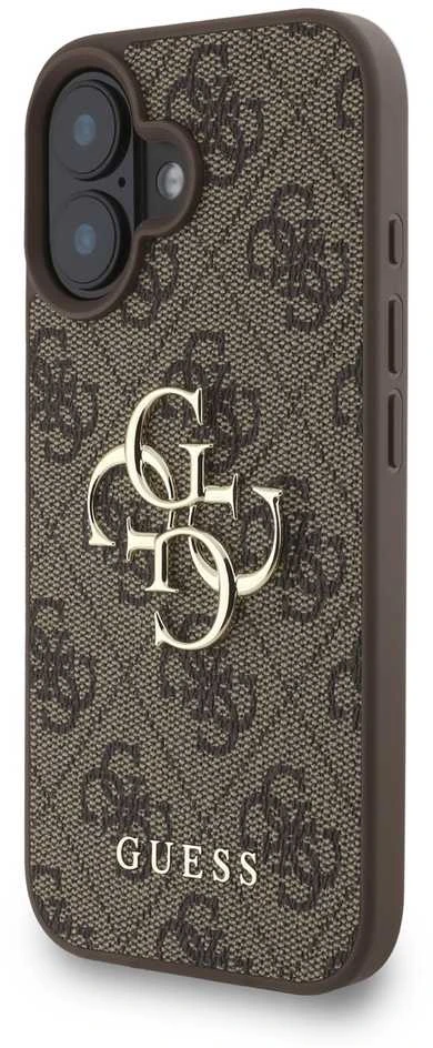 Guess PU 4G Metal Logo Strap dėklas skirtas Apple iPhone 16 rudos spalvos