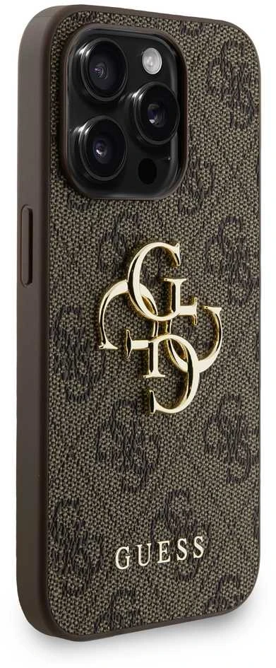 Guess PU 4G Metal Logo Strap dėklas skirtas Apple iPhone 15 Pro Max rudos spalvos