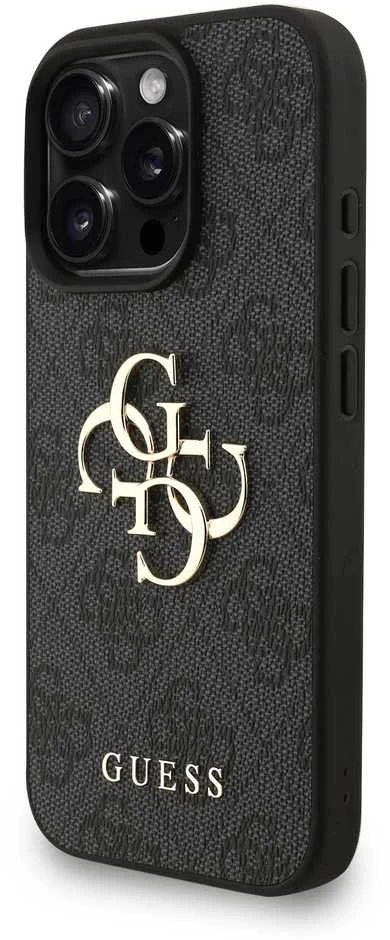 Guess PU 4G Metal Logo Strap dėklas skirtas Apple iPhone 16 Pro Max juodos spalvos