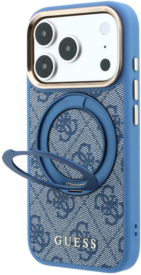 Guess PU 4G Ring Stand MagSafe dėklas, skirtas iPhone 18 Pro, mėlynas