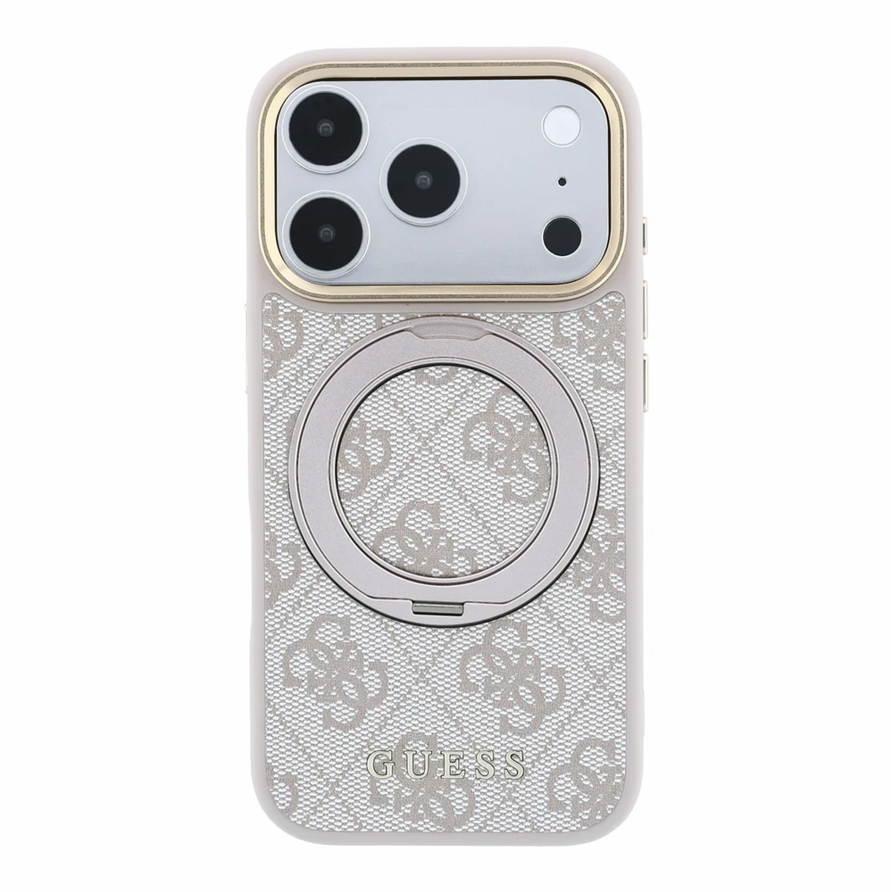 Guess PU 4G Ring Stand MagSafe dėklas skirtas iPhone 18 Pro rožinės spalvos