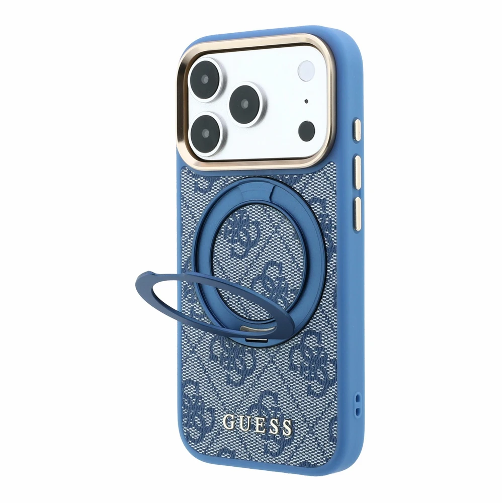 Guess PU 4G Ring Stand MagSafe dėklas skirtas iPhone 18 Pro Max Mėlyna