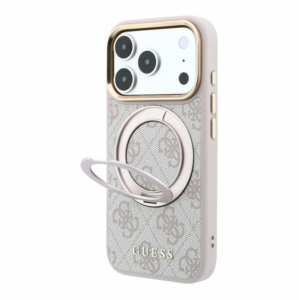 Guess PU 4G Ring Stand MagSafe dėklas skirtas iPhone 18 Pro rožinės spalvos