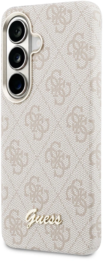 Guess PU 4G Script Metal Logo magnetinis dėklas skirtas Samsung Galaxy S26 rožinės spalvos