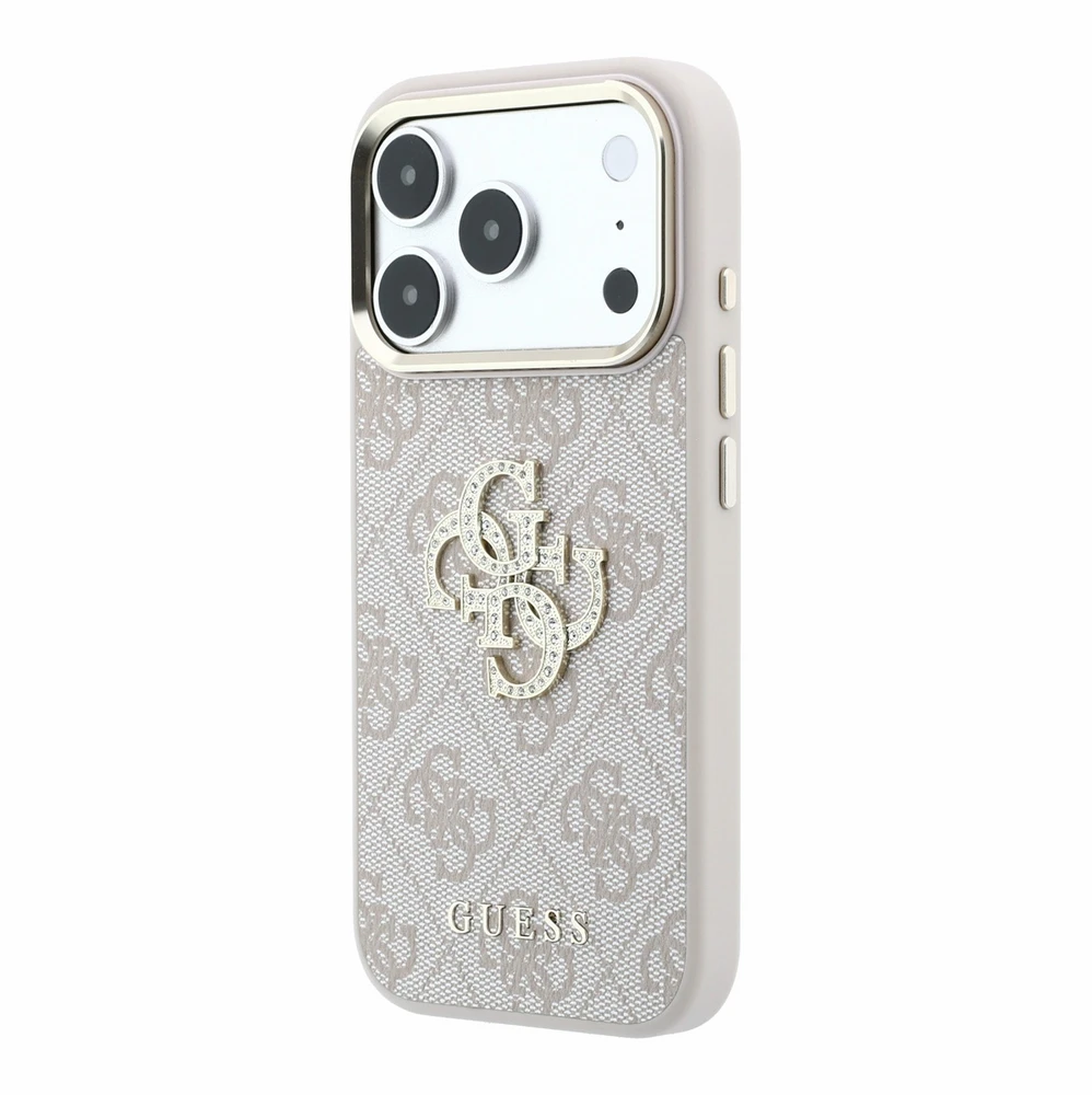 Guess PU 4G Strass Metal Logo dėklas skirtas iPhone 18 Pro Max rožinės spalvos