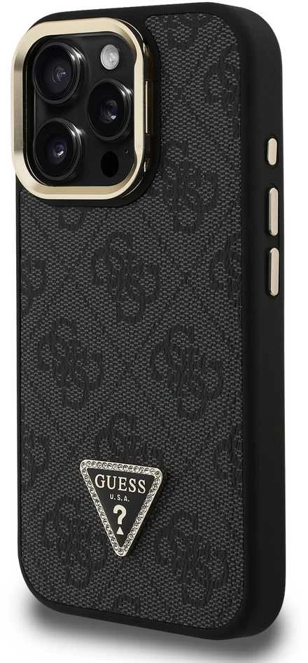 Guess PU 4G Strass Triangle Logo Stand Camera Frame MagSafe dėklas skirtas Apple iPhone 15 Pro Max juodos spalvos