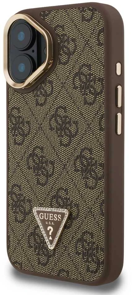 Guess PU 4G Strass Triangle Logo Stand Camera Frame MagSafe dėklas skirtas Apple iPhone 16 rudos spalvos