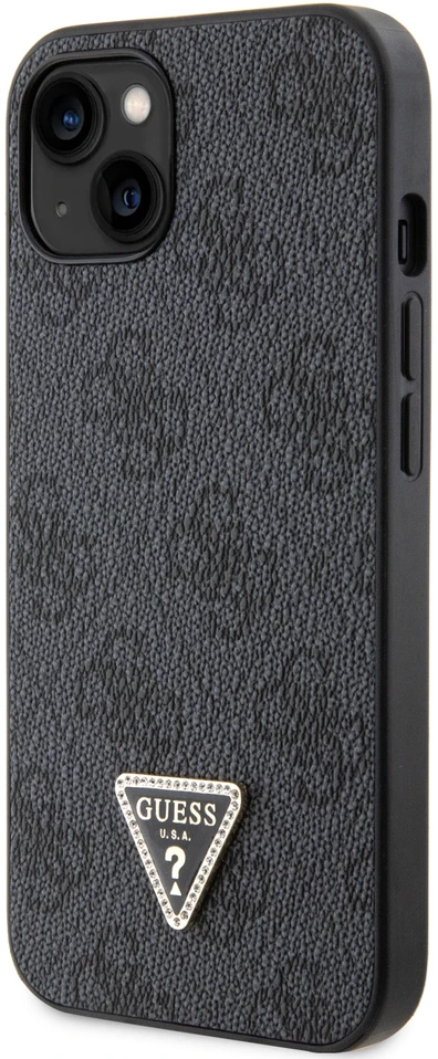 Guess PU 4G Strass Triangle Metal Logo dėklas skirtas Apple iPhone 15 juodos spalvos