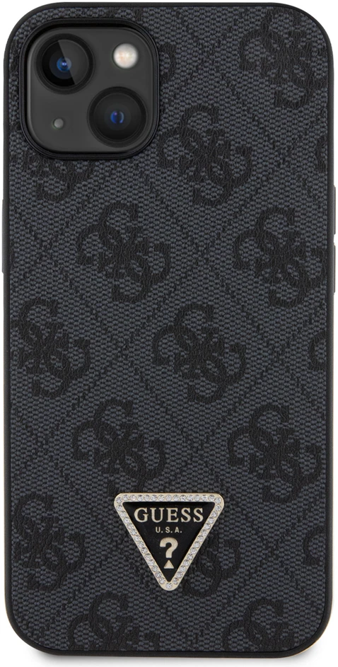 Guess PU 4G Strass Triangle Metal Logo dėklas skirtas Apple iPhone 15 juodos spalvos