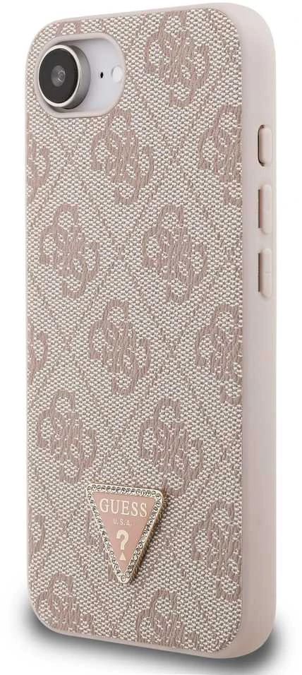 Guess PU 4G Strass Triangle Metal Logo dėklas Apple iPhone 16e rožinės spalvos