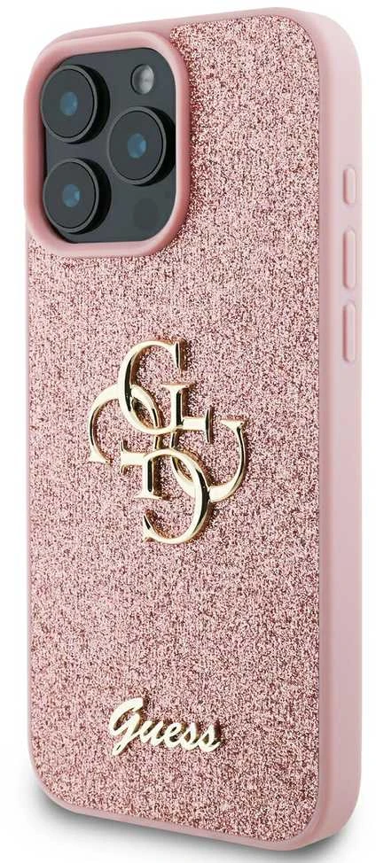 Guess PU Fixed Glitter 4G Metal Logo Apple iPhone 16 Pro Max dėklas telefonui rožinės spalvos