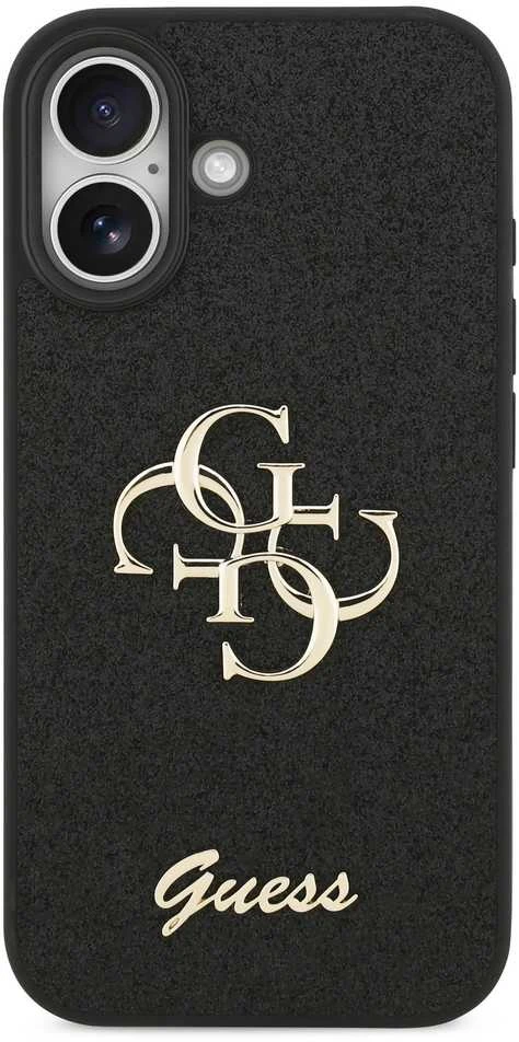 Guess PU Fixed Glitter 4G Metal Logo dėklas skirtas Apple iPhone 17 juodos spalvos