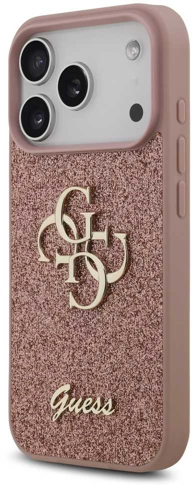 Guess PU Fixed Glitter 4G Metal Logo dėklas skirtas Apple iPhone 17 Pro rožinės spalvos