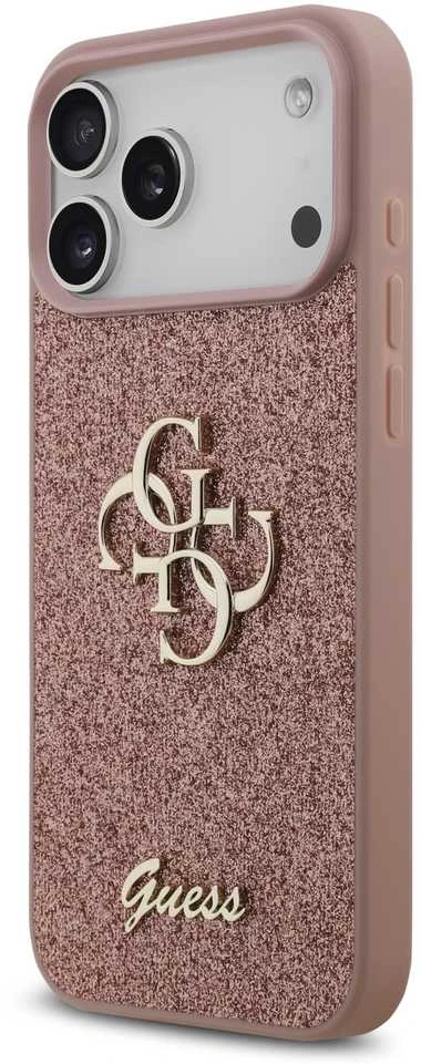 Guess PU Fixed Glitter 4G Metal Logo dėklas skirtas Apple iPhone 17 Pro Max rožinės spalvos