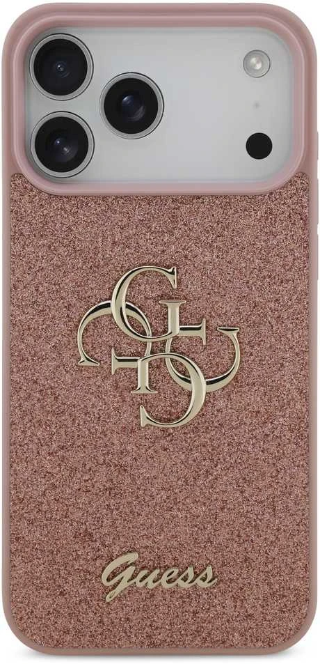 Guess PU Fixed Glitter 4G Metal Logo dėklas skirtas Apple iPhone 17 Pro Max rožinės spalvos