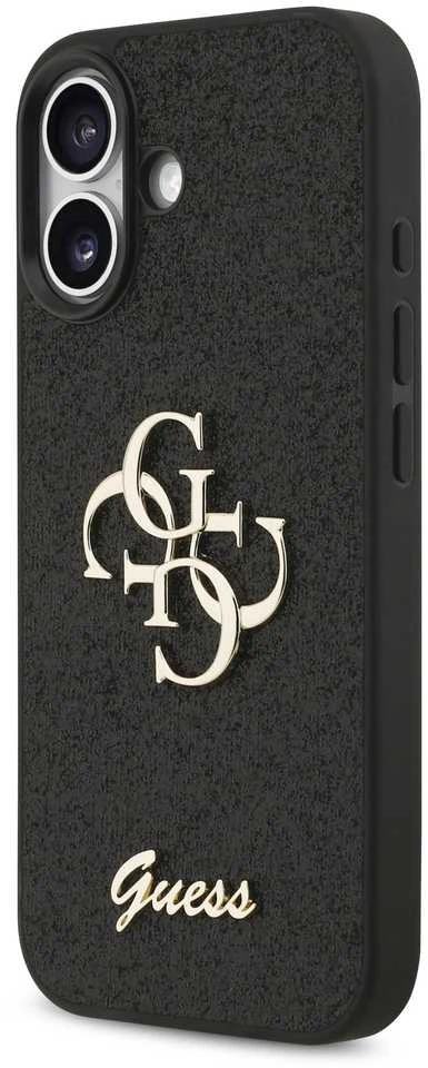 Guess PU Fixed Glitter 4G Metal Logo dėklas skirtas Apple iPhone 17 juodos spalvos