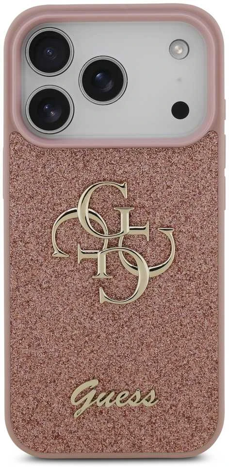 Guess PU Fixed Glitter 4G Metal Logo dėklas skirtas Apple iPhone 17 Pro rožinės spalvos
