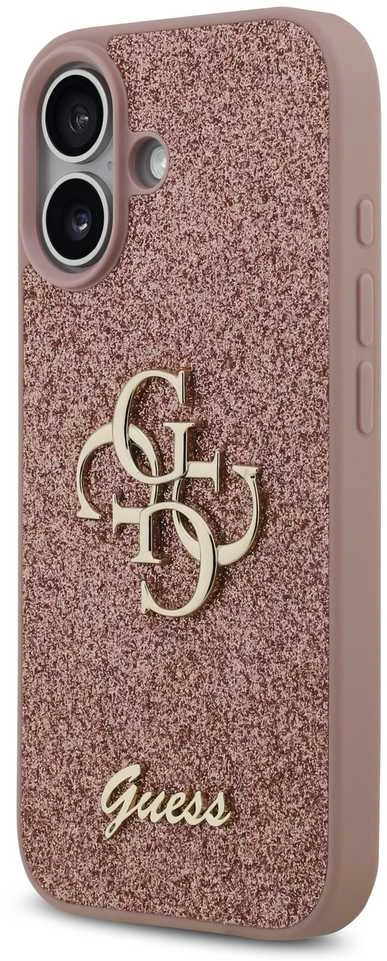 Guess PU Fixed Glitter 4G Metal Logo dėklas skirtas Apple iPhone 17 rožinės spalvos