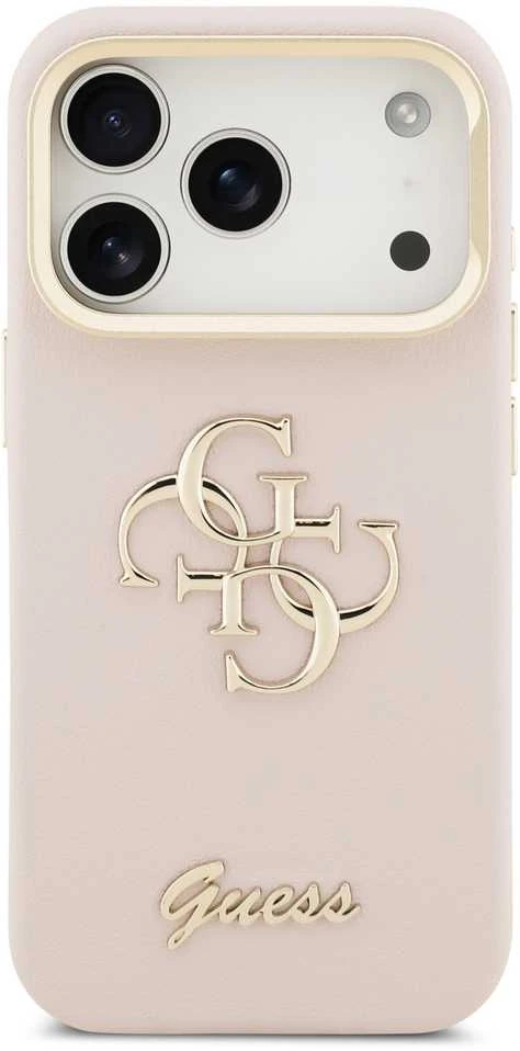 Guess PU Grained 4G Logo Stand Camera Frame dėklas skirtas Apple iPhone 17 Pro rožinės spalvos