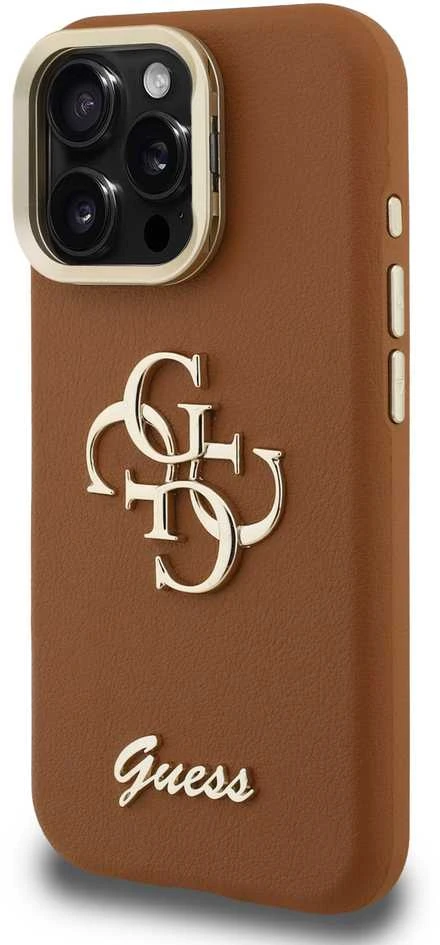 Guess PU Grained 4G Logo Stand Camera Frame dėklas skirtas Apple iPhone 15 Pro Max rudos spalvos