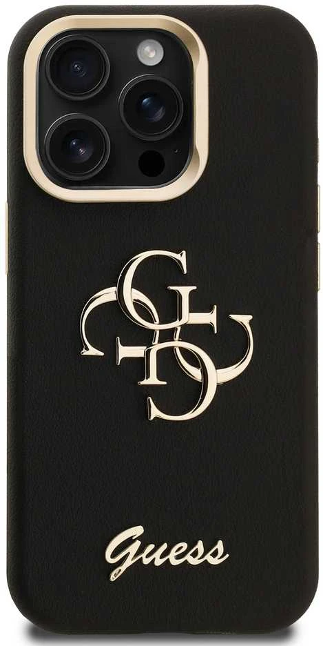 Guess PU Grained 4G Logo Stand Camera Frame dėklas skirtas Apple iPhone 15 Pro juodos spalvos
