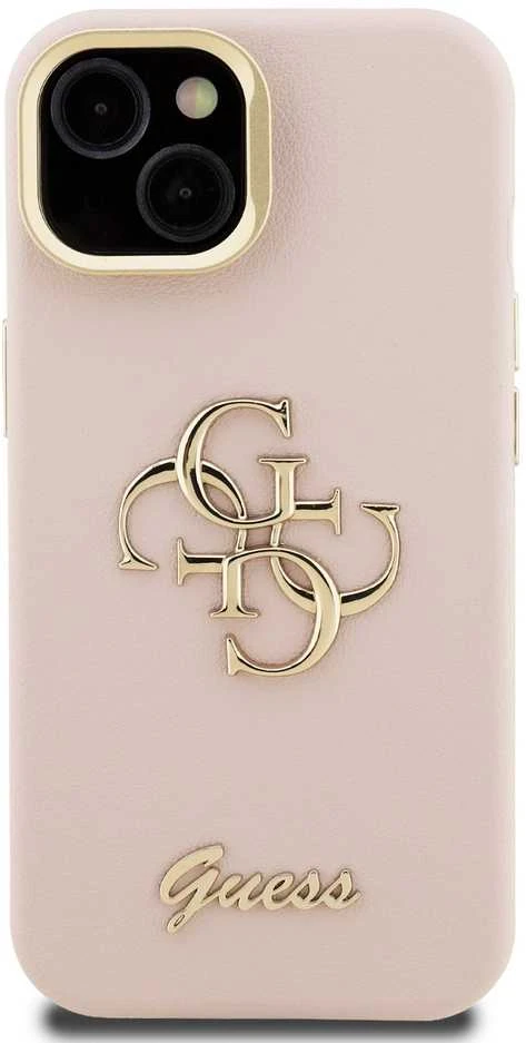 Guess PU Grained 4G Logo Stand Camera Frame dėklas skirtas Apple iPhone 15 rožinės spalvos