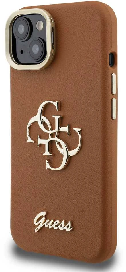 Guess PU Grained 4G Logo Stand Camera Frame dėklas skirtas Apple iPhone 14 rudos spalvos