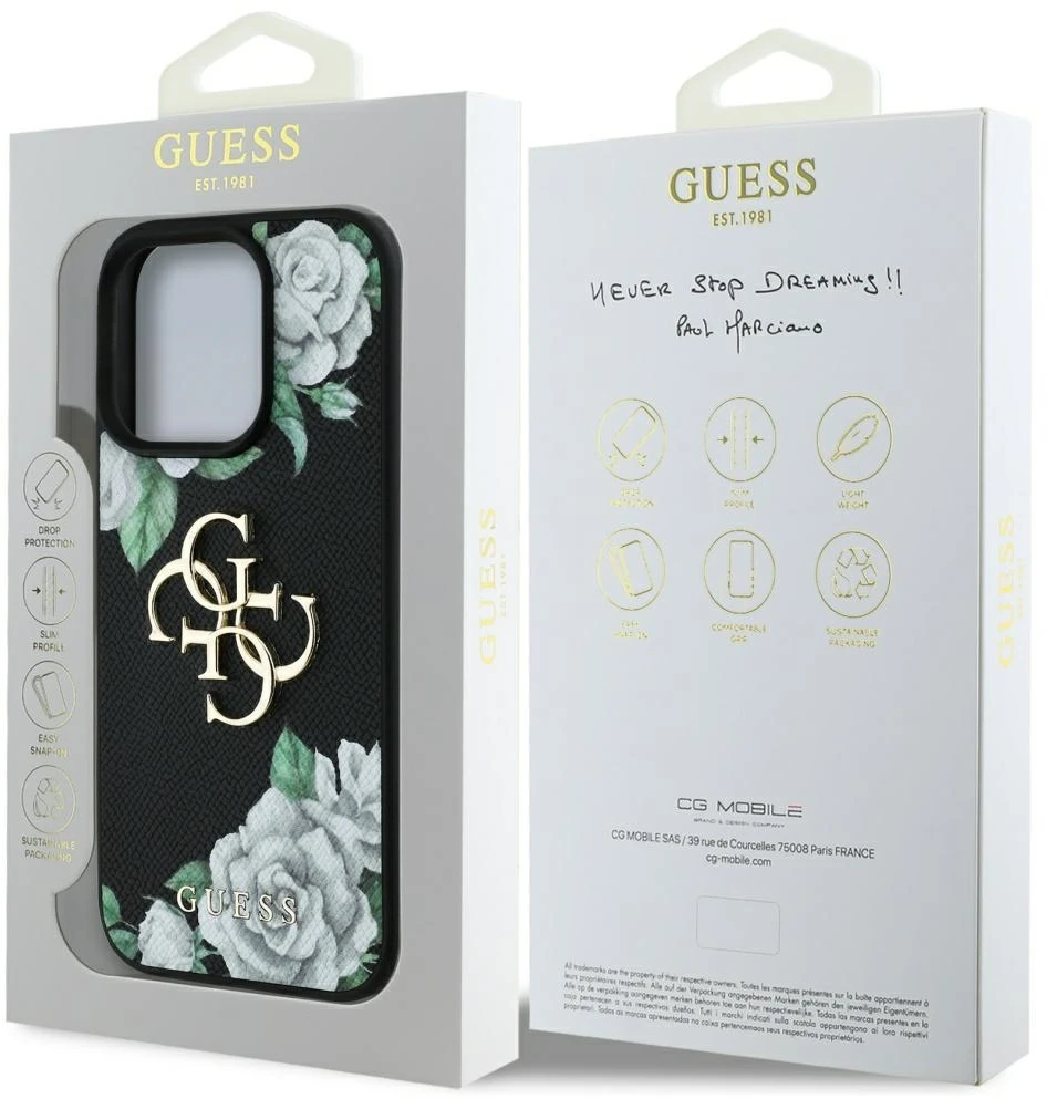Dėklas Guess Grained Roses Big 4G logo Apple iPhone 16 Pro juodos spalvos