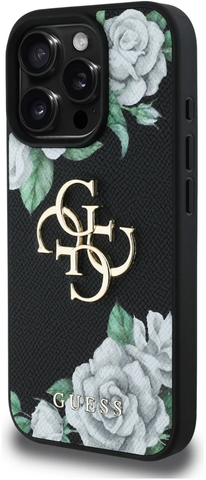 Dėklas Guess Grained Roses Big 4G logo Apple iPhone 16 Pro juodos spalvos