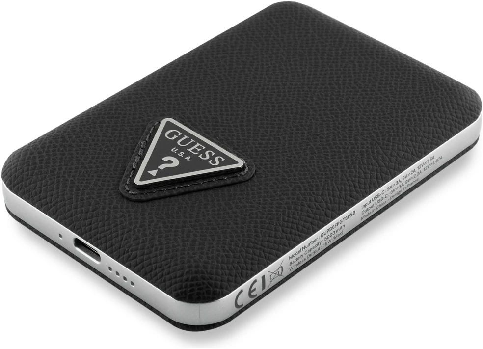 Išorinė baterija „Guess Grained Triangle“ 5000mAh 15W USB-C MagSafe indukcinis juodas