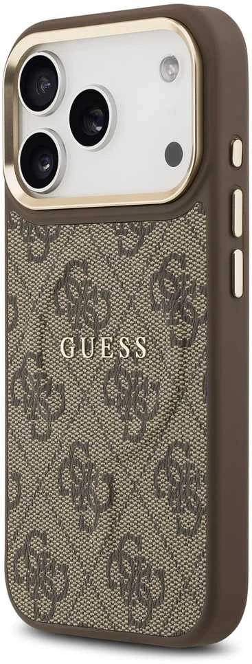 Guess PU Leather 4G Gold Frame MagSafe dėklas skirtas Apple iPhone 17 Pro rudos spalvos