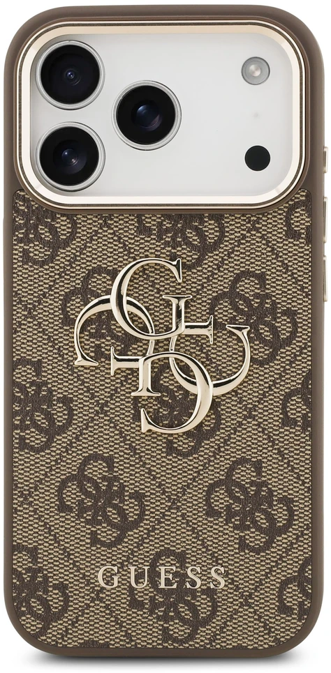 Guess PU Leather 4G Metal Logo aukso spalvos Frame dėklas skirtas Apple iPhone 17 Pro Max rudos spalvos