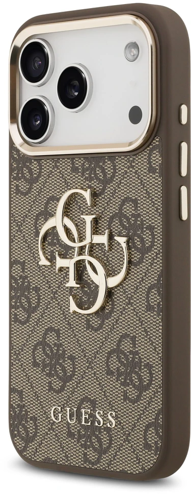 Guess PU Leather 4G Metal Logo Gold Frame dėklas skirtas Apple iPhone 17 Pro rudos spalvos