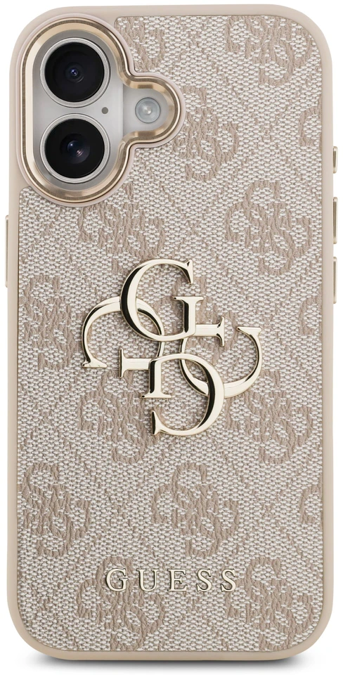 Guess PU Leather 4G Metal Logo Gold Frame dėklas skirtas Apple iPhone 17 rožinės spalvos
