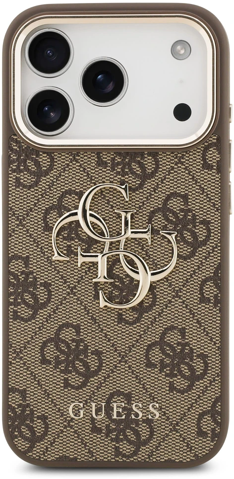 Guess PU Leather 4G Metal Logo Gold Frame dėklas skirtas Apple iPhone 17 Pro rudos spalvos