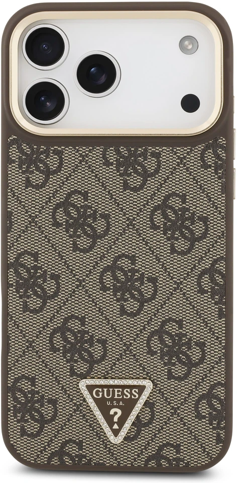 Guess PU Leather 4G Strass Triangle Logo Gold Frame MagSafe dėklas skirtas Apple iPhone 17 Pro Max rudos spalvos