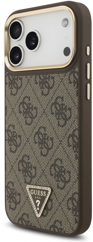 Guess PU Leather 4G Strass Triangle Logo Gold Frame MagSafe dėklas skirtas Apple iPhone 17 Pro Max rudos spalvos