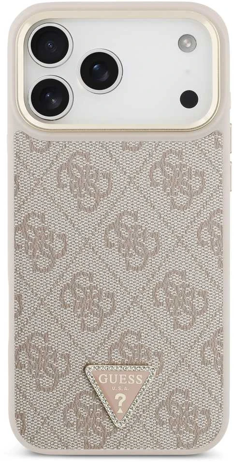 Guess PU Leather 4G Triangle Logo Gold Frame MagSafe dėklas skirtas Apple iPhone 17 Pro Max rožinės spalvos