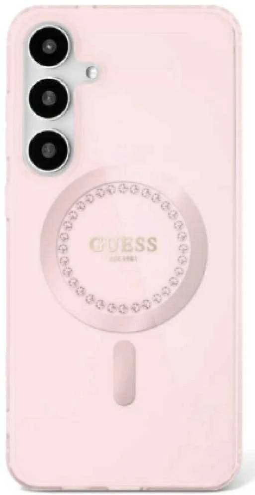 Dėklas Guess Rhinestones Printed Classic Logo MagSafe Samsung Galaxy S25 rožinės spalvos